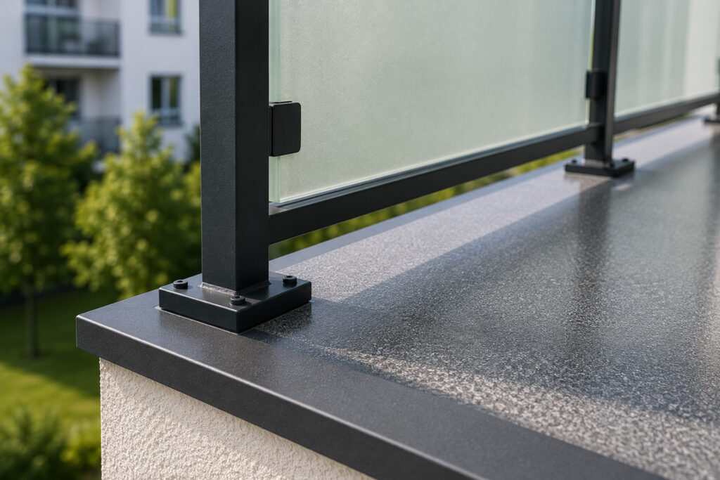 Detailaufnahme eines modernen Balkongeländers mit hochwertiger Balkonoberfläche in Hannover