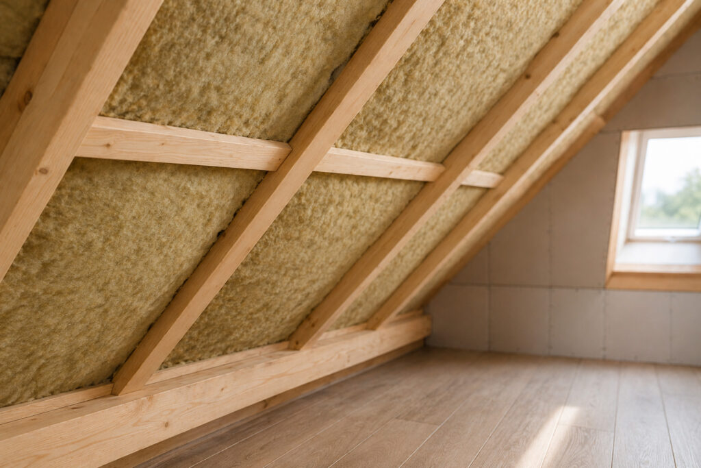 Detailaufnahme einer modernen Dachbodendämmung mit Mineralwolle zwischen Holzbalken