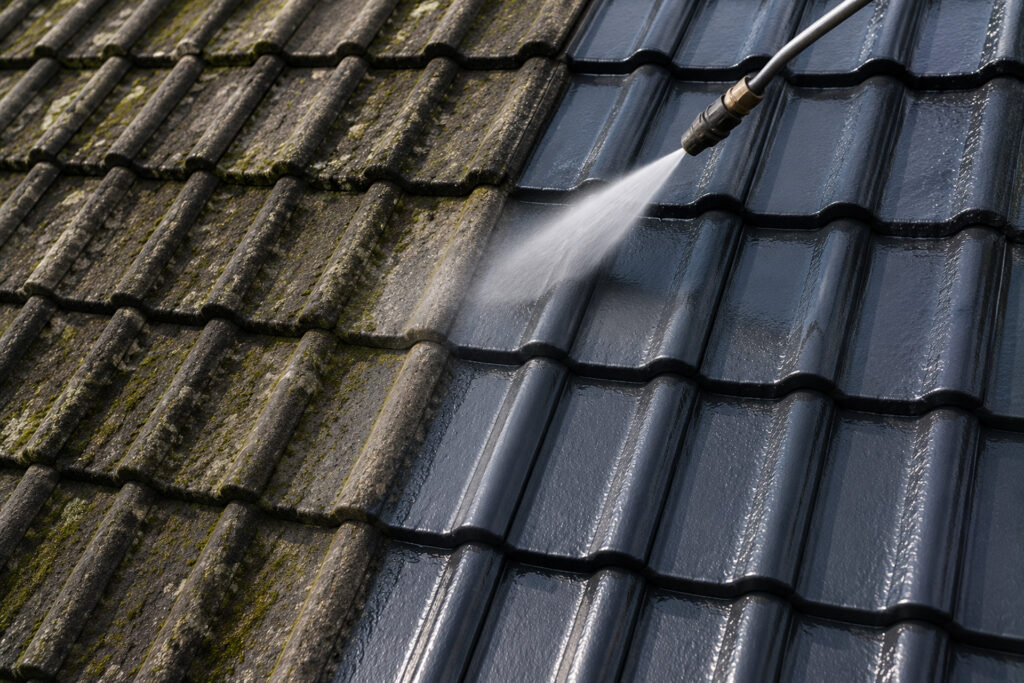 Detailaufnahme einer professionellen Dachreinigung mit gereinigten und beschichteten Dachziegeln