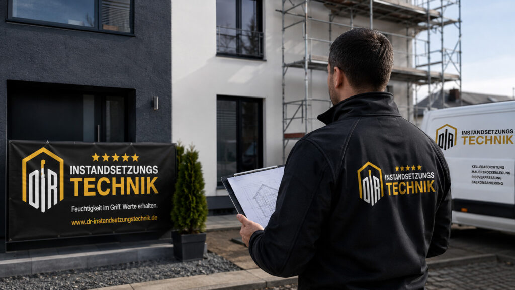 Mitarbeiter von DR Instandsetzungstechnik bei der Objektbesichtigung vor moderner Baustelle