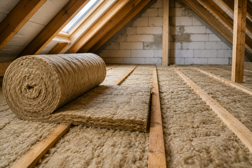 Professionelle Dachbodendämmung mit Mineralwolle zwischen Holzbalken im Dachgeschoss