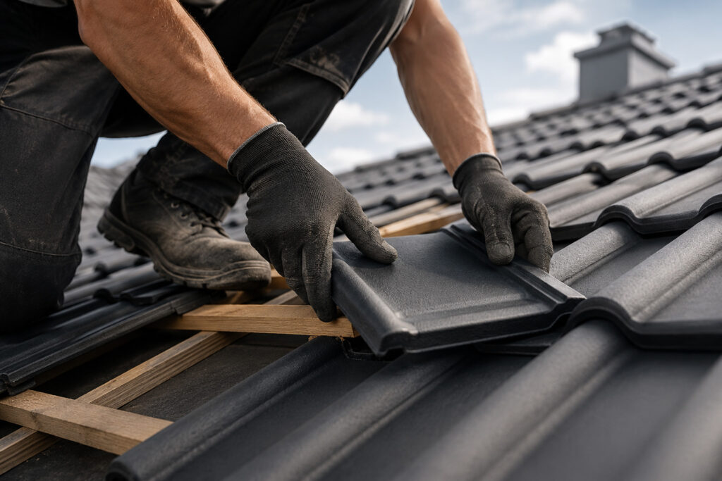 Detailaufnahme professioneller Dacharbeiten mit modernen Dachziegeln in Hannover