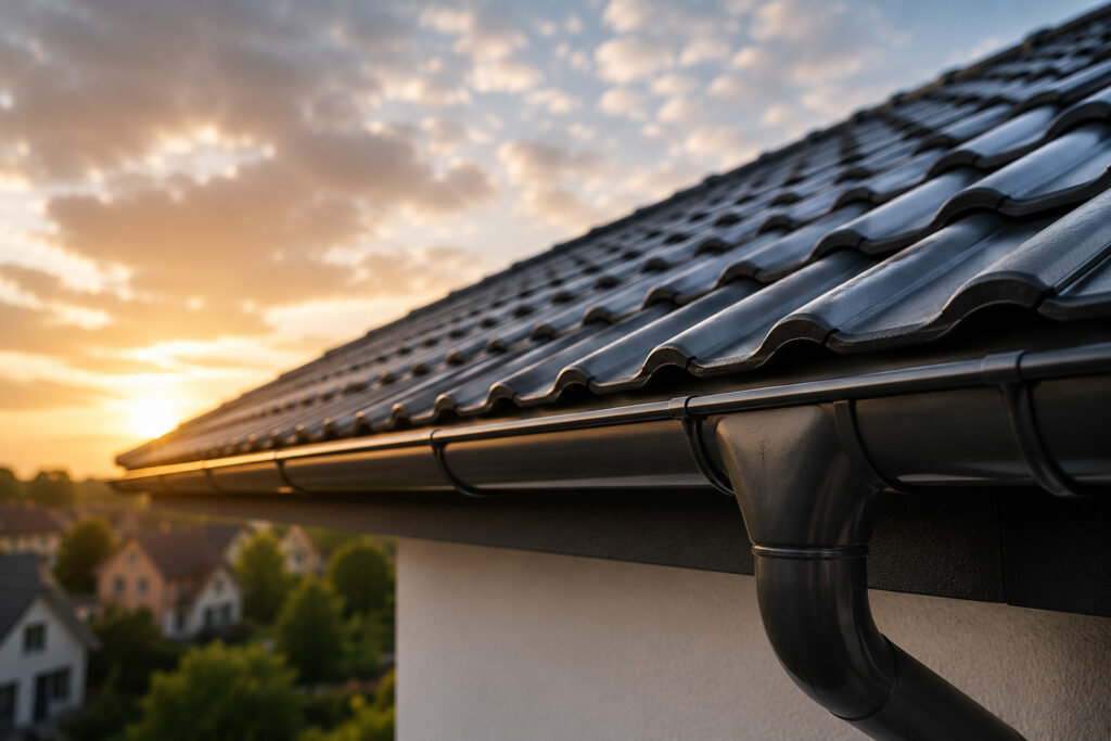 Modernes Hausdach mit hochwertiger Dachrinne und schwarzen Dachziegeln bei Sonnenuntergang