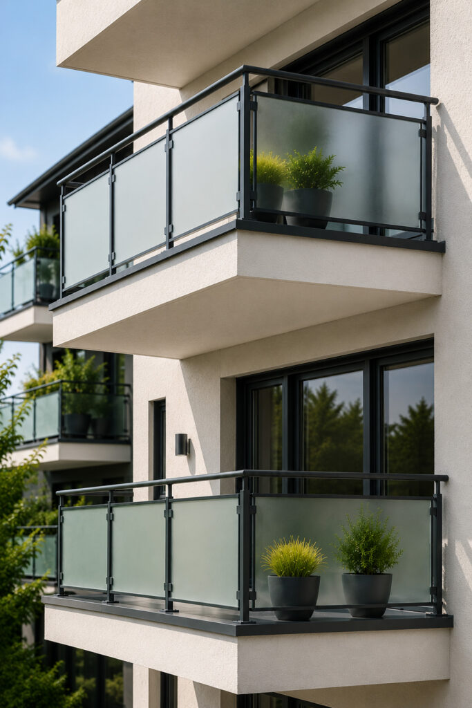 Modern sanierter Balkon mit Glasgeländer an hochwertigem Wohngebäude in Hannover
