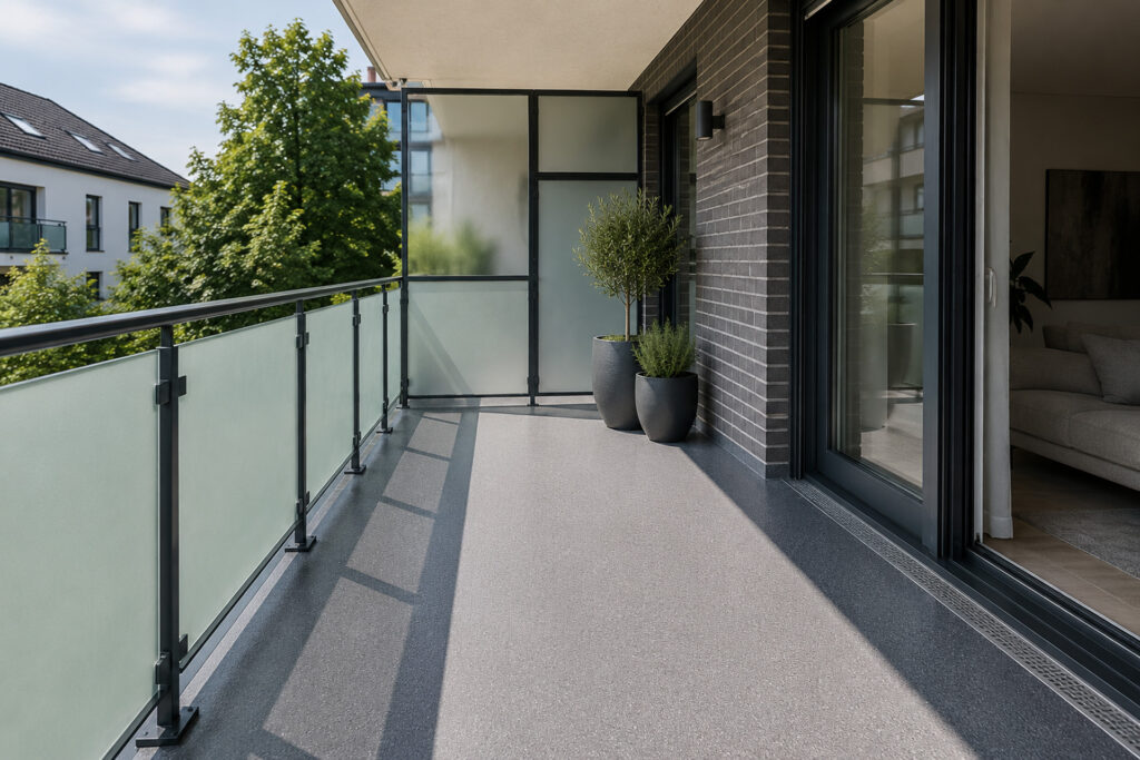 Modern sanierter Balkon mit hochwertigem Bodenbelag und Glasgeländer in Hannover