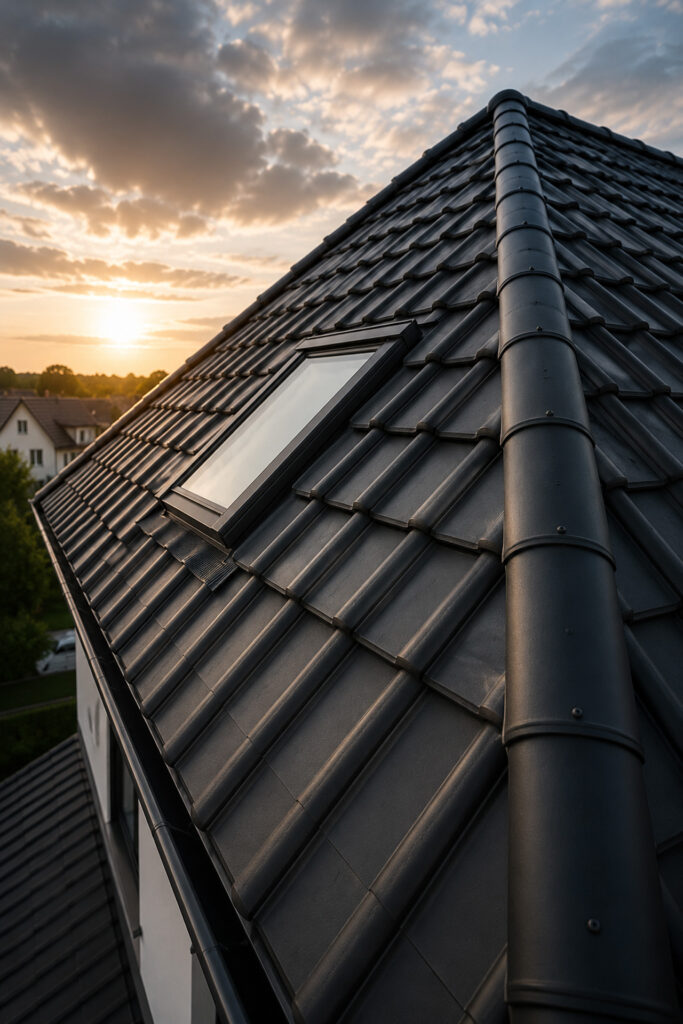 Modernes schwarzes Ziegeldach mit Dachfenster bei Sonnenuntergang in Hannover