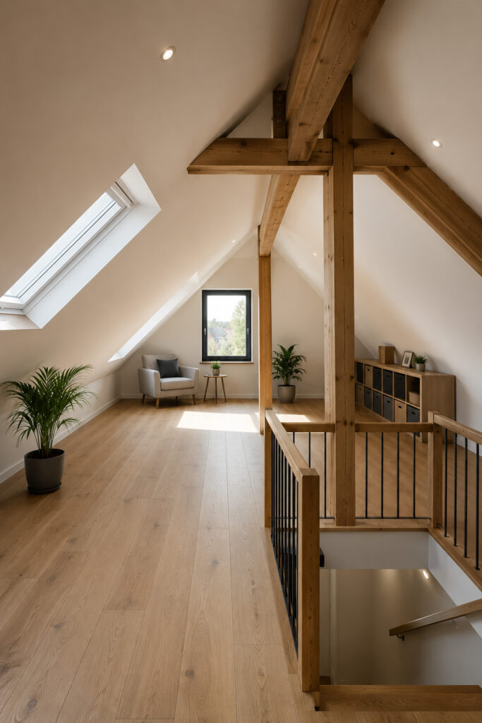 Modern ausgebauter Dachboden mit sichtbaren Holzbalken und hochwertiger Dämmung