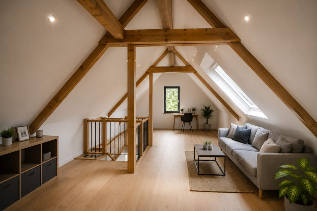 Modern ausgebauter Dachboden mit sichtbaren Holzbalken und gemütlichem Wohnbereich
