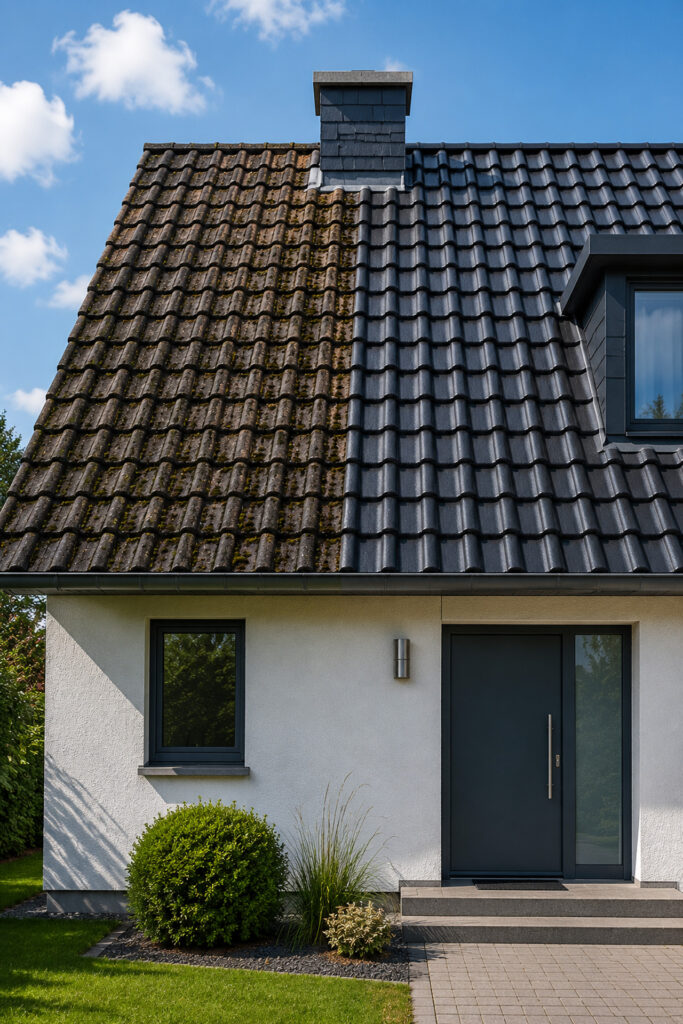Modernes Wohnhaus mit gereinigtem und beschichtetem Dach im Vorher-Nachher-Vergleich