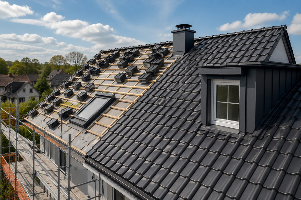 Modernes Hausdach während einer professionellen Dachsanierung mit Gerüst in Hannover