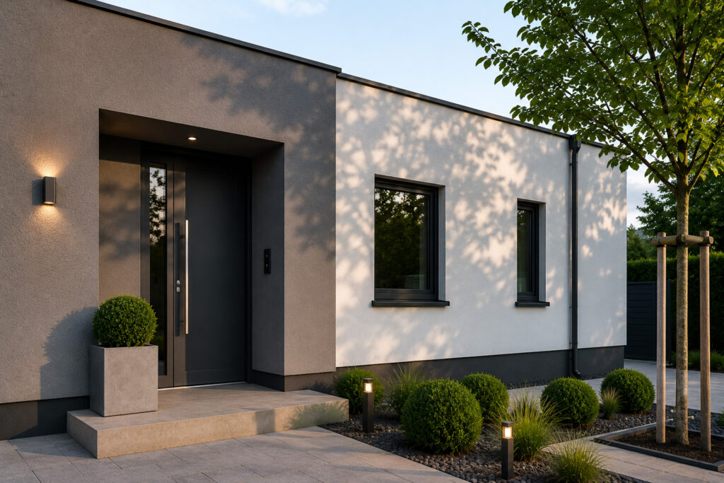 Modernes Wohnhaus mit hochwertiger Fassadengestaltung im warmen Abendlicht