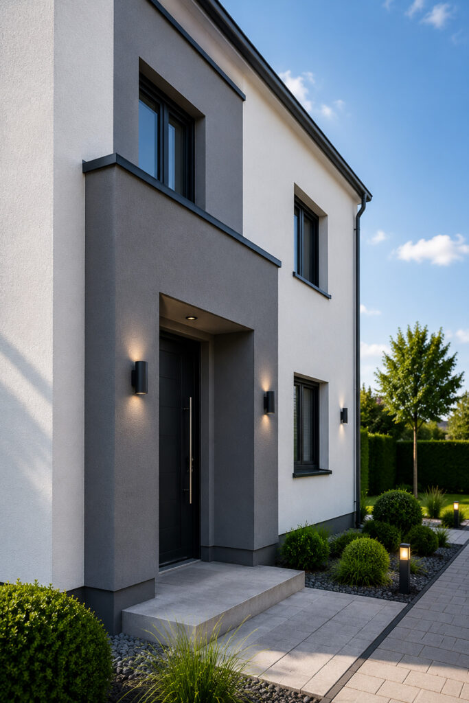 Modernes Wohnhaus mit hochwertiger Fassadengestaltung und eleganter Außenbeleuchtung