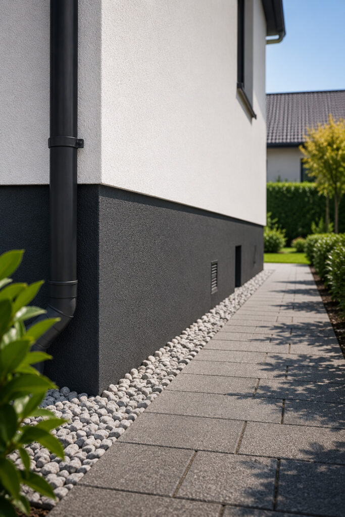 Modern sanierter Sockelbereich an einer hochwertigen Hausfassade mit sauberer Außenanlage