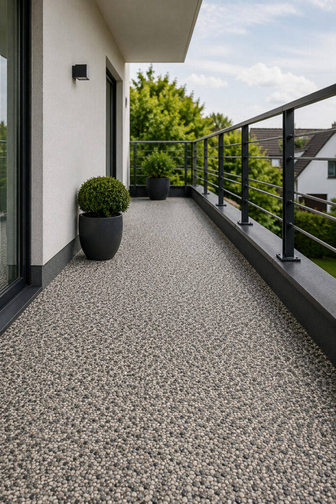 Moderner Balkon mit hochwertigem Steinteppich und stilvollem Geländer im Außenbereich
