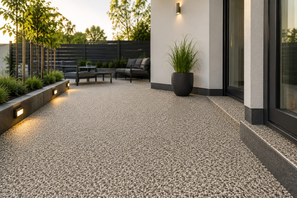 Moderne Terrasse mit hochwertigem Steinteppich und stilvoller Außengestaltung