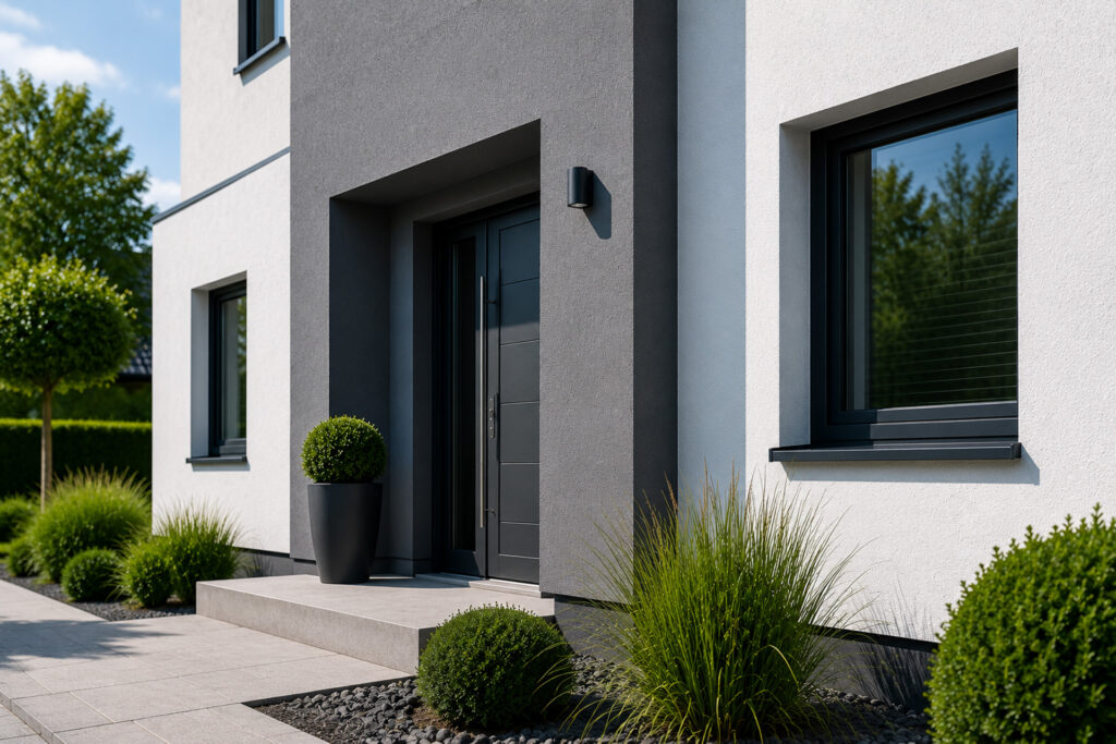 Modern ausgeführte Fassadengestaltung mit präzisen Linien und hochwertiger Putzfassade