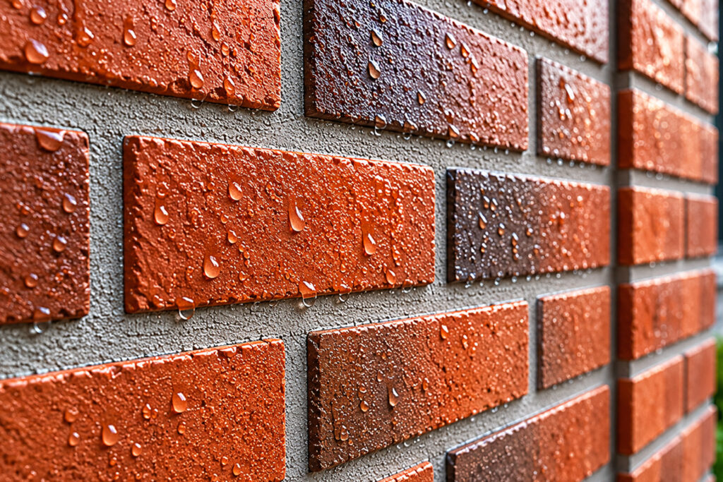 Regenfeste Klinkerfassade mit intakten Fugen und sichtbarem Feuchtigkeitsschutz