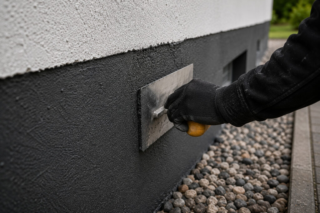 Detailaufnahme einer professionellen Sockelsanierung mit Schutzbeschichtung an einer Hausfassade