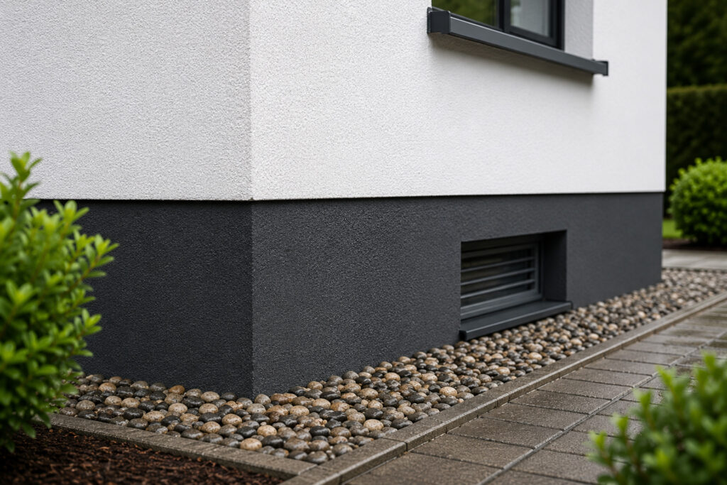 Modern sanierter Sockelbereich mit sauberer Oberfläche und hochwertiger Fassadengestaltung