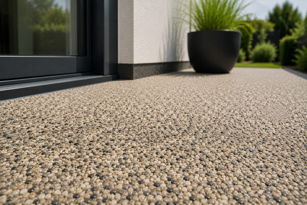 Detailaufnahme eines modernen Steinteppichs in Beige- und Natursteintönen im Außenbereichb