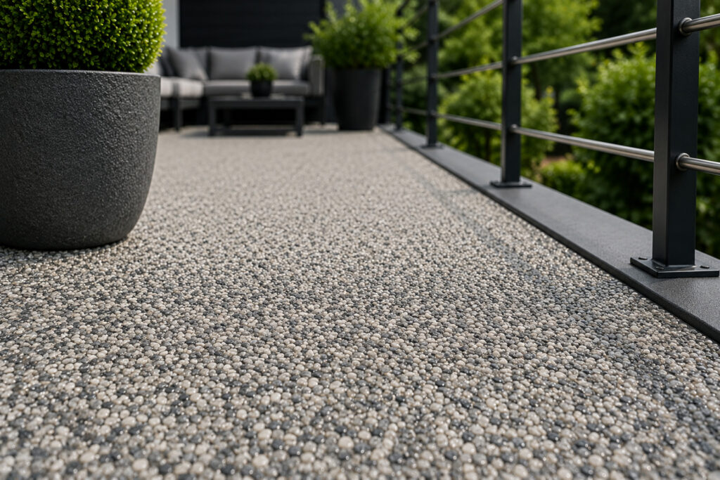 Moderner Steinteppich auf einer hochwertigen Terrasse mit langlebiger Natursteinoberfläche