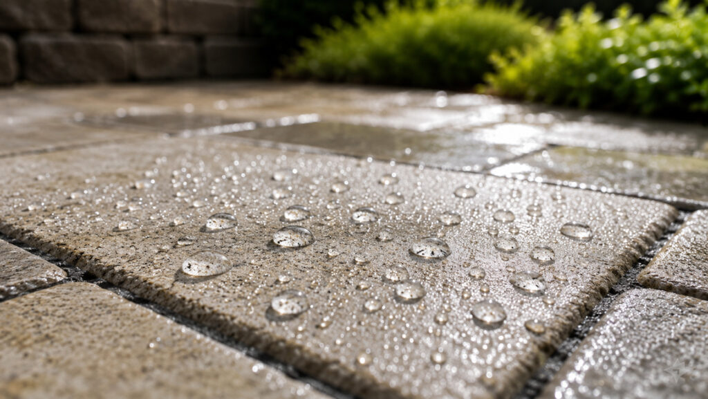 Wasser perlt auf einer hydrophobierten Pflasterfläche ab und zeigt den wasserabweisenden Oberflächenschutz.